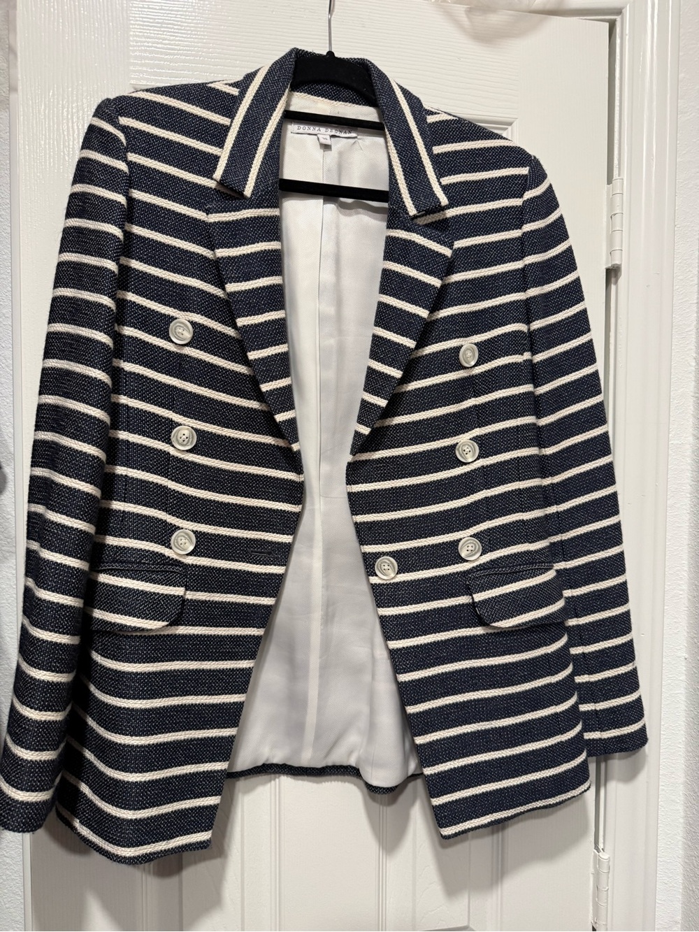Double-Breasted Navy & White Striped Blazer - Sz 10 - Picture 2 of 4